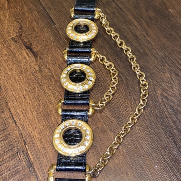 Y2K VINTAGE STREETS AHEAD CROC LEATHER BELT EMBELLISHED CHAINS RHINESTONES SZ S main image 14